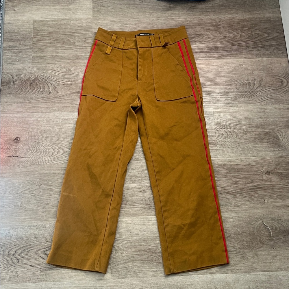 Zara Trafaluc Collection Wide Leg Golden Mustard Brown with red stripe